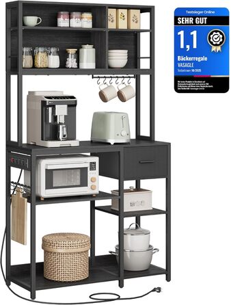 Стелаж кухонний VASAGLE з розетками, 40 x 100 x 180,4 см, з регульованими полицями, ящик з тканини, 12 гачків, антрацит-чорний, KKS027B02