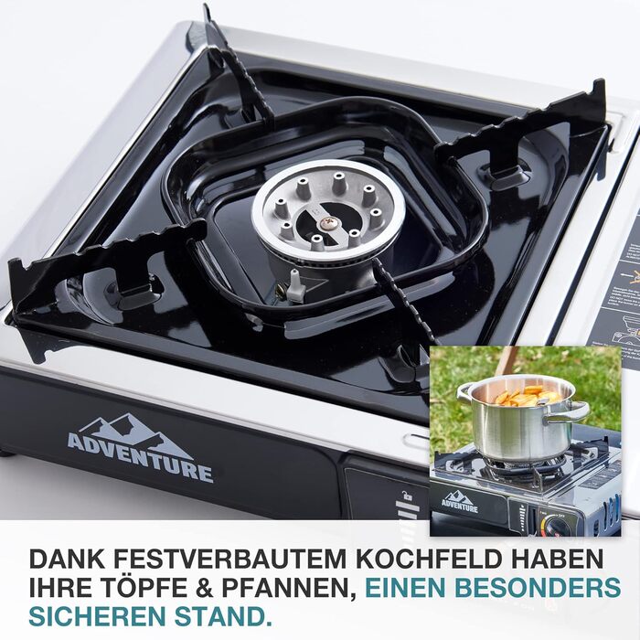 Газовий наметний котел TOM Adventure з нержавіючої сталі (4 картриджі, кейс) – Piezo запалювання, 1 конфорка