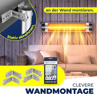 Інфрачервовий обігрівач KESSER® 2500W з пультом дистанційного керування та захисним чохлом, телескопічна стійка, для тераси, кварцовий нагрівач, срібний