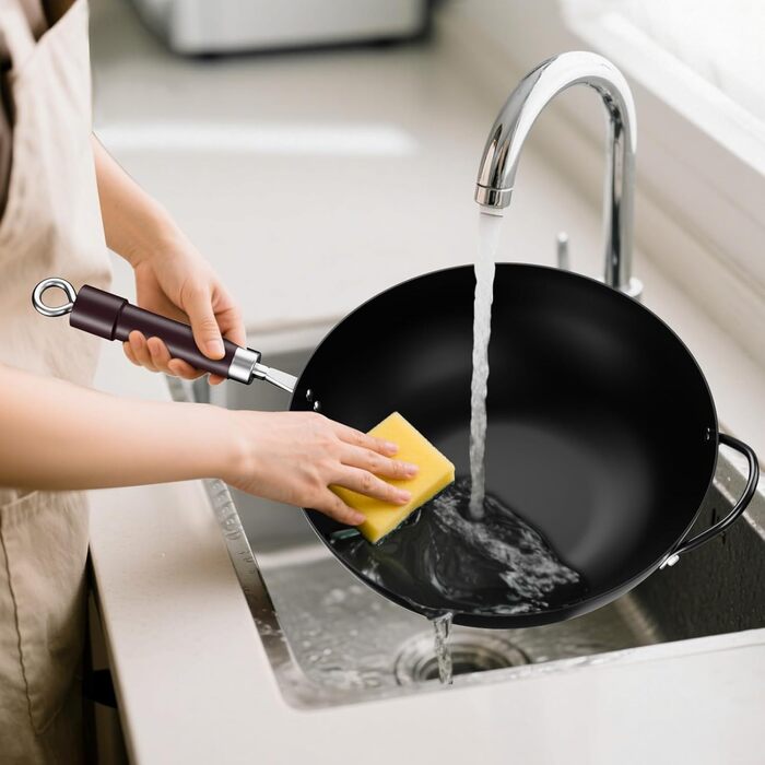 Вок Jobin 32 см з вуглецевої сталі з кришкою, дерев'яним та сталевим ручками, для приготування азійських страв (3-5 осіб), сумісний з Induktion, електро та газовими плитами - Чорний