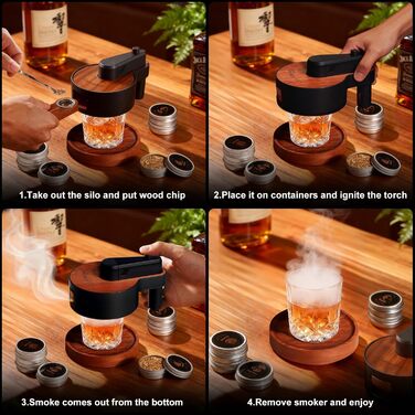 Набір для копчення віскі з інтегрованим запальничкою, 6 видів дерев'яної стружки, 2 склянки, 2 форми для льоду, набір для коктейлів, подарунок на Різдво та день народження для чоловіків, батька, чоловіка (БЕЗ бутану) (коричневий)