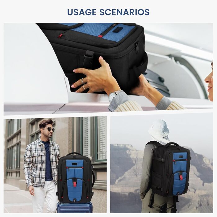 LOVEVOOK Рюкзак для ручної поклажі в літак, дорожній рюкзак чоловічий/жіночий, великий, з відділенням для ноутбука, 40л, для подорожей, роботи, бізнесу (Чорно-синій, L (45 x 32 x 20 см))