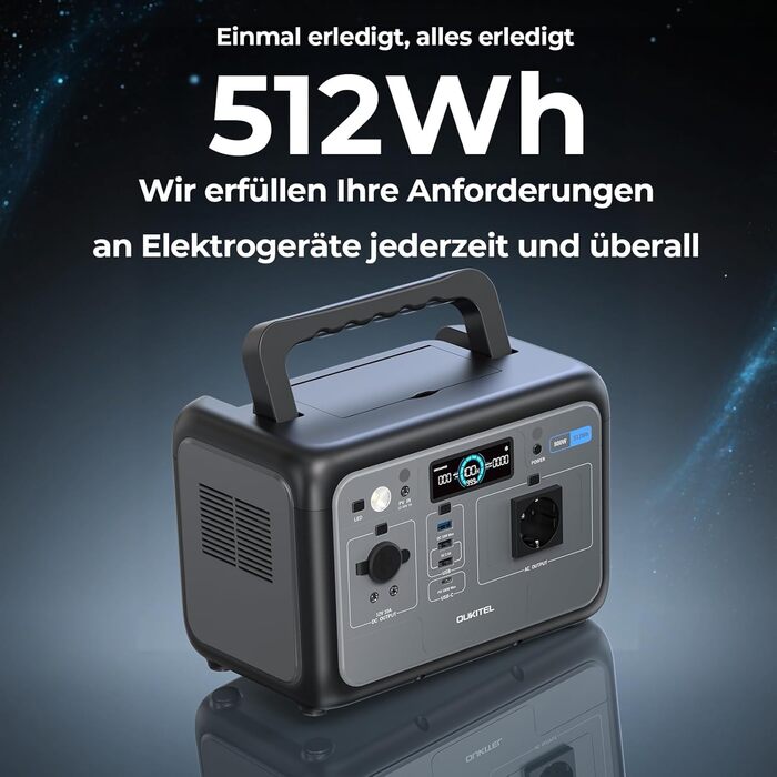 Портативна електростанція OUKITEL 800W з сонярним генератором та акумулятором LiFePO4 512Wh, 1600W пікова потужність, USB A/C виходи, швидка зарядка, 6 кг для кемпінгу, подорожей та активного відпочинку (P800+100W)