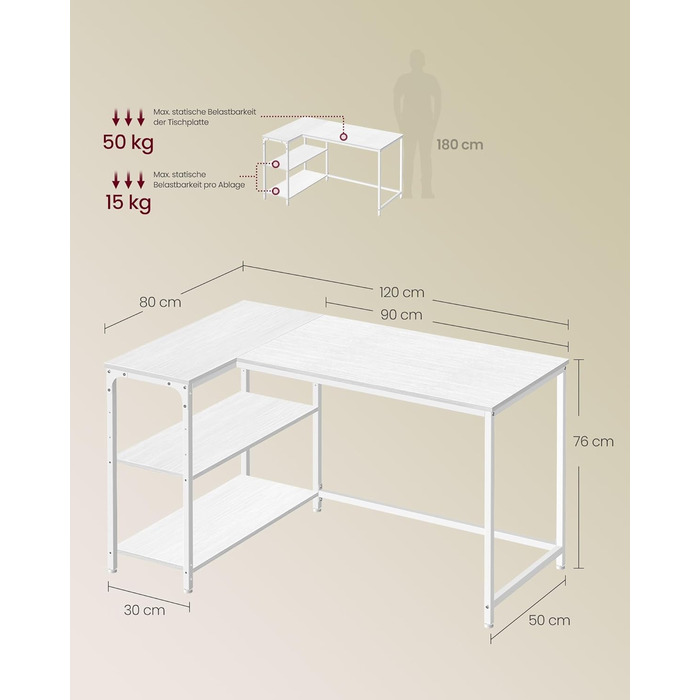 Кутовий стіл VASAGLE L-подібної форми з полицею, для офісу вдома, 120 x 80 см, Ahornweiß (без розетки)