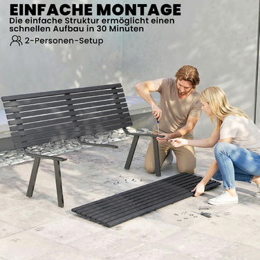 Міцна лавка для саду на 3 особи, стійка до погодних умов, з металевим каркасом. Широка сидіння з ламелевим дизайном, витримує до 240 кг. Розміри: 154 x 68 x 88 см.