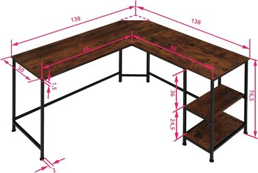 Кутовий стіл tectake з 2 полицями, L-подібний комп'ютерний стіл, промисловий дизайн, дерев'яний офісний стіл, чорний металевий каркас (промисловий темно-коричневий)