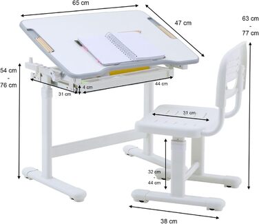 Дитячий письмовий стіл TUTTO регулюється по висоті та нахиляється зі стільцем, шухлядою, лотком для ручок, опорою для рюкзака (білий)
