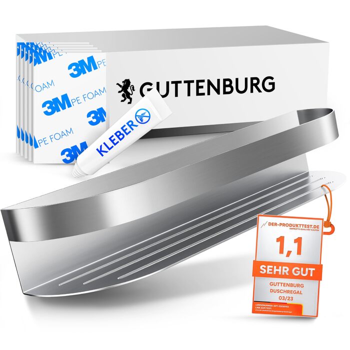 Поличка для душу GUTTENBURG без свердління (XXL, 38 см, 2200 см³), міцна, з нержавіючої сталі, проста установка ARCOS 38