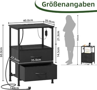 Нічний столик Somdot з підзарядкою, LED, розеткою (USB, Type-C) для спальні, вітальні, дитячої кімнати, чорного кольору, 30x40x60 см (2 висувні ящики)