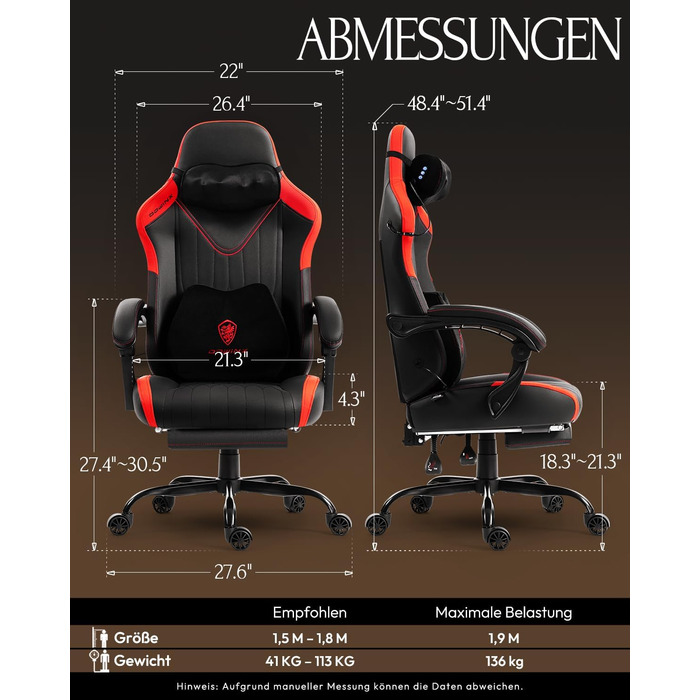 Ігровий крісло Dowinx з масажем, ергономічний дизайн, підтримка попереку та шиї, до 135 кг, шкіра, чорний (червоний)