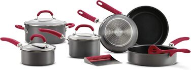 Набір посуду Rachael Ray, 11 предметів, з нержавіючої сталі, з антипригарним покриттям, сірий з червоними ручками