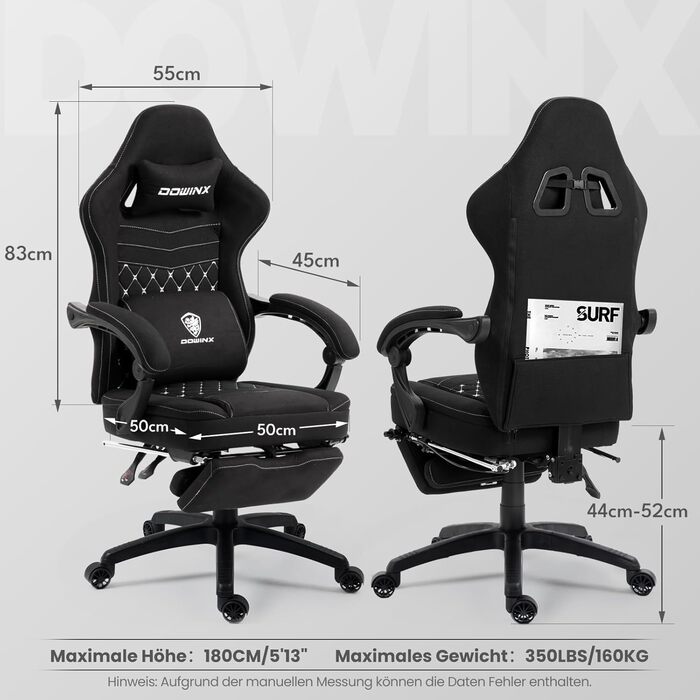 Ігровий крісло Dowinx з тканинною оббивкою, гелевою подушкою та пружинним блоком, ергономічний офісний крісло з підніжкою, масажний ігровий крісло для дорослих (Чорний)