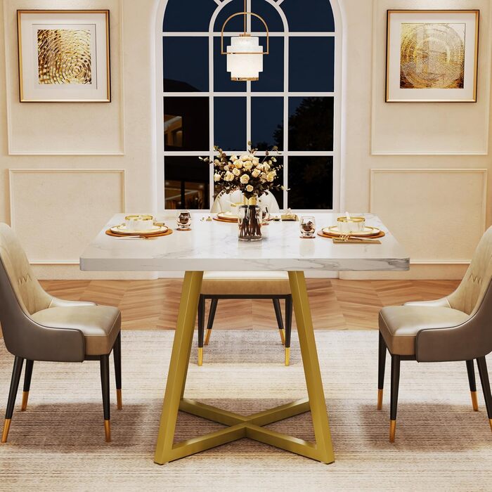 Стіл обідній Tribesigns 80x80 см, для 4 осіб, метал, індустріальний стиль (білий & золотий)