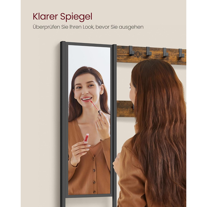 Стійка для одягу VASAGLE з дзеркалом та банкеткою, 35 x 98 x 180 см, для передпокою, спальні, вітальні, індустріальний дизайн, вінтажний колір, HSR415B01