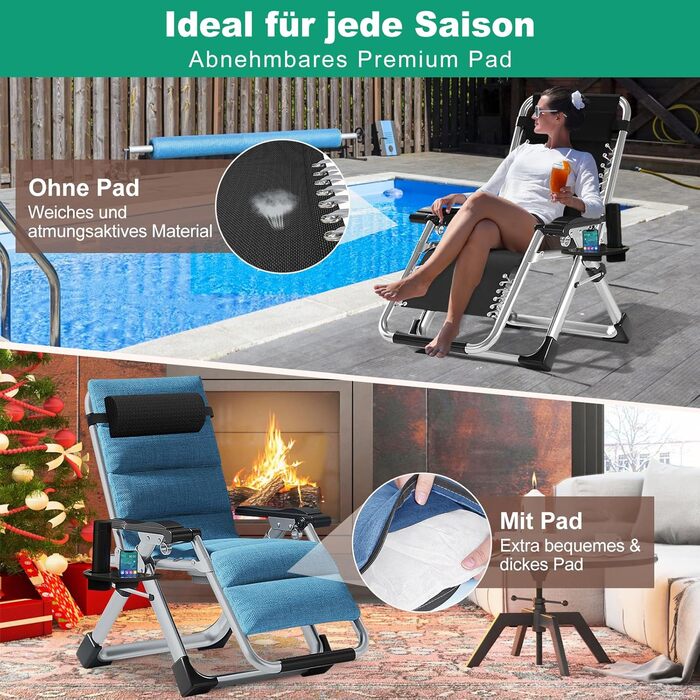 Шезлонг для відпочинку, розкладний, 200 кг, Zero Gravity, з подушкою, підстаканником, широкий, регульований, для саду, патіо, пляжу, басейну (блакитний)