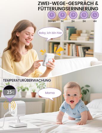 Радіоняня з камерою OBVHNUA 720P IPS: відеоняня без Wi-Fi, акумулятор 2000mAh, нічна зйомка, датчик температури, двосторонній зв'язок, колискові, режим VOX, екран 2.8