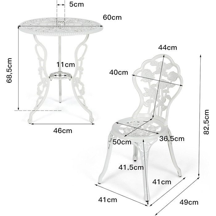 COSTWAY Bistroset: Набір садово-патіо меблів з алюмінію та чавуну (стіл + 2 стільці), білий (Blume)