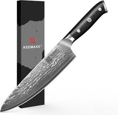 Набір кухонних ножів Keemake Damast - 3 шт. з дамаської сталі 67 шарів, ергономічні ручки G10, ніж шеф-кухаря 20 см, сантоку та універсальний ніж для кухні