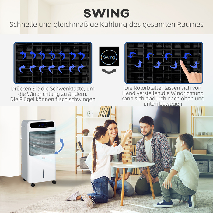 Зволожувач повітря з охолодженням водою, дистанційне керування, 3 режими, 3 швидкості, таймер на 12 годин, LED-дисплей, розміри 38x35x81 см, білий