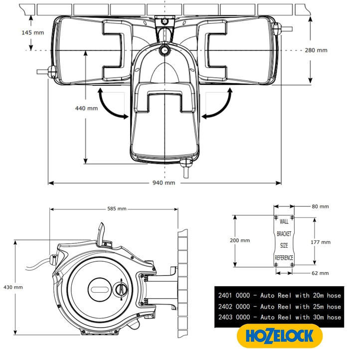 HOZELOCK Автоматичний шланг на котушці Auto Reel 40 м: автоматичне змотування, проста установка. В комплекті: шланг-розпилювач, з'єднувачі, 40 м шланга Hozelock та кріплення. 5 років гарантії [2595R0000] (45 x 49 x 28.4 см)