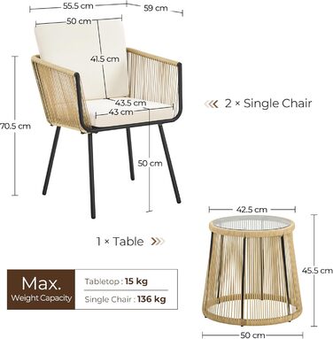 Набір садових меблів Yaheetech з ротангу для балкона: 2 крісла з подушками та стіл зі скляною стільницею, світло-коричневий/кремовий