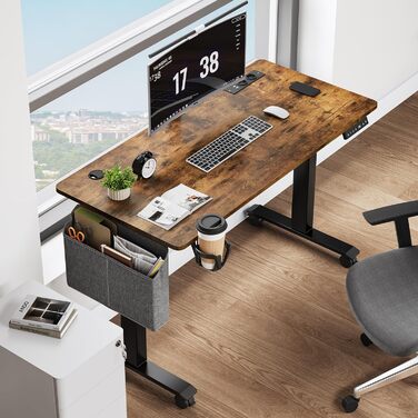 Електричний стіл з регулюванням висоти, 2 шт. USB, розетки, 120x60x(72-120) см, зрощувальна дошка, ручне управління з пам'яттю, сидячий/стоячий стіл, коліщатка на 360, вінтажний коричневий
