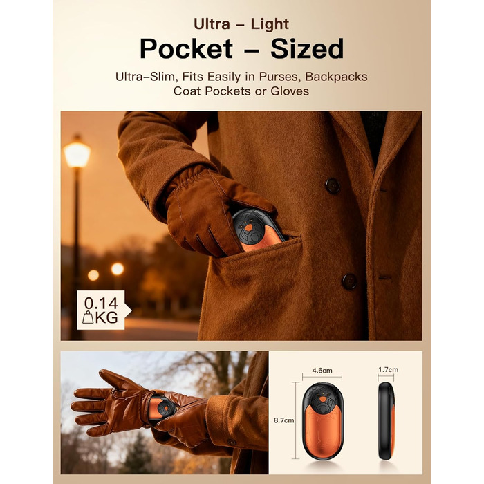 Електричний гріє для рук 2 шт. | Перезарядний кишеньковий гріє з 3 режимами нагріву, 6000mAh. Для жінок, чоловіків, кемпінгу, полювання, гольфу (Помаранчевий)