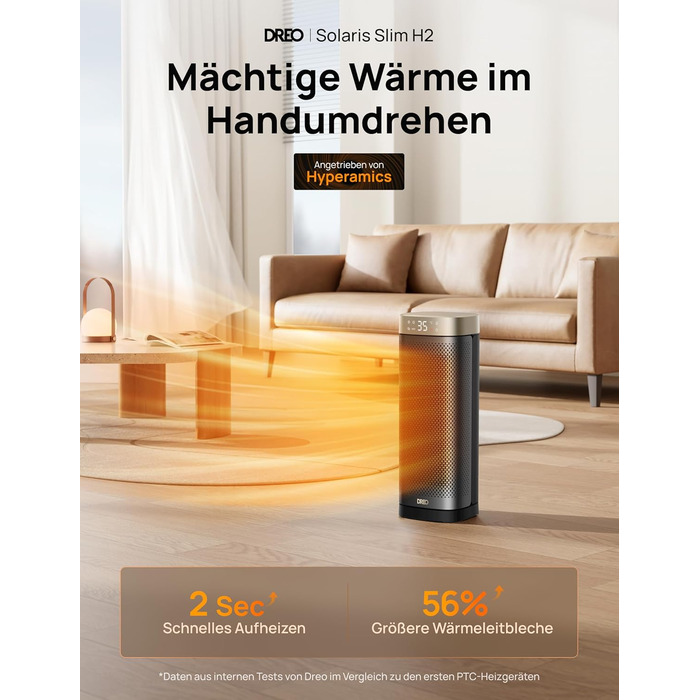 Електричний обігрівач DREO Solaris Slim H2, 2000W, керамічний, з термостатом, таймером, 3 режими, осциляція 70°, захист від перегріву та перекидання, золотий