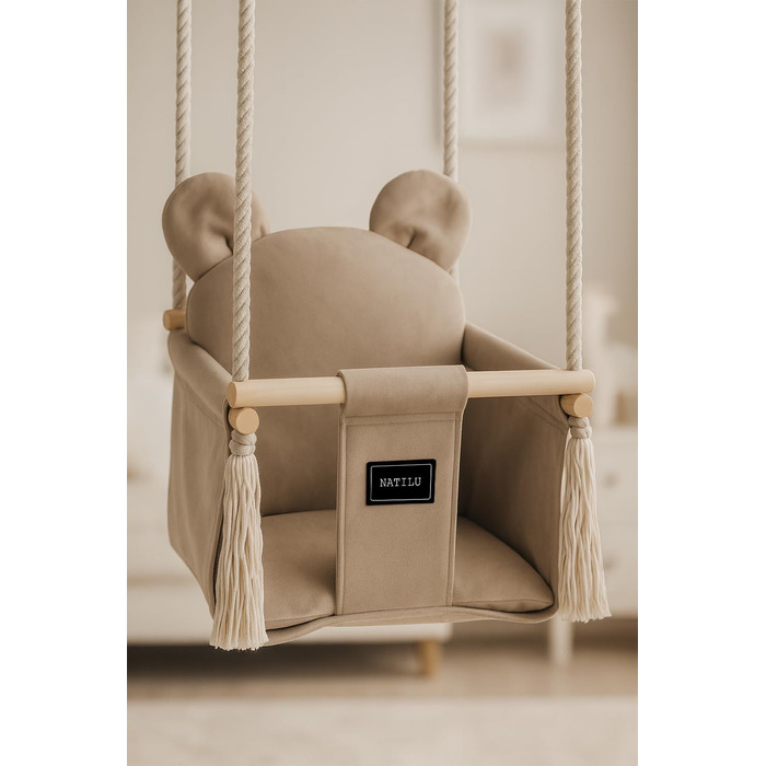Дитяча гойдалка для дому та вулиці | Bär Light Beige Velvet | Гойдалка для малюків | Дерев'яна гойдалка для дітей | Гойдалка для дверного отвору