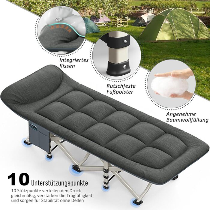 Розкладне кемпінгове ліжко CALIYO, польове ліжко для гостей до 200 кг, 190 x 68 x 40 см, з сумкою для зберігання, чорне
