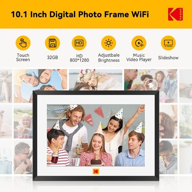 Цифровий фоторамка Kodak WiFi 10,1 дюйма, вбудований 32GB, сенсорний екран 1280x800, акумулятор 4000mAh (Чорний)