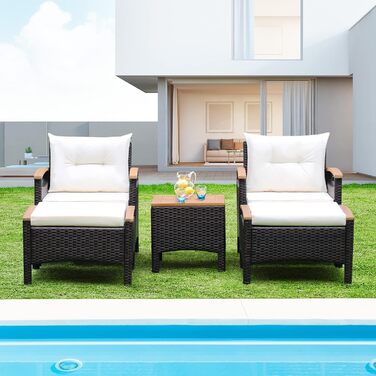 Набір садових меблів GIANTEX 5 предметів: 2 крісла, 2 пуфи та столик - ротанг, кремово-білий колір, для саду та балкону