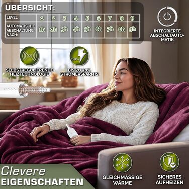 Електрична грілка з плюшу 200x180 см, сертифікат TÜV SÜD GS | З таймером, 9 температурних режимів, відключенням, цифровим дисплеєм, пральна до 40°C, бордовий колір