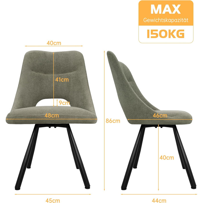 LEWE Комплект з 6 обертових стільців для їдальні, кухонних, вітальні та спальні, ергономічні, без підлокітників, з тканини кашемір, сіро-зелений