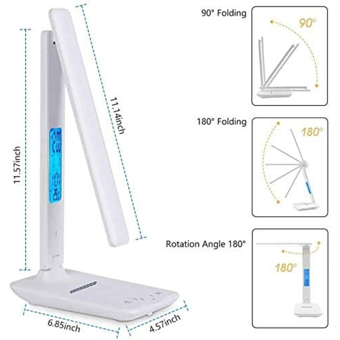 Світлодіодна настільна лампа з бездротовою зарядкою, з можливістю затемнення, USB, годинник, кольоровий нічник, РК-дисплей, температура, білий