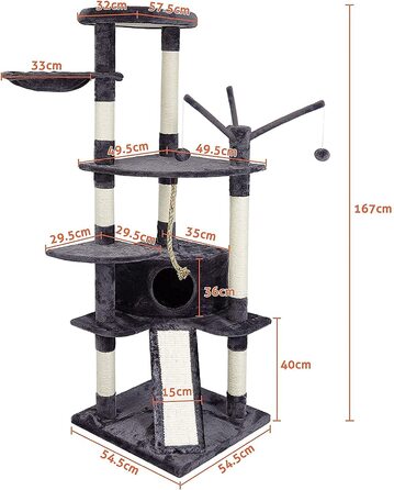 Котяче дерево з морської фіалки велике, міцне котяче дерево котяче дерево, колони, загорнуті натуральним сизалем, котяче дерево XXL з розширеною і потовщеною нижньою пластиною Багаторівнева платформа, 167 см (сірий)