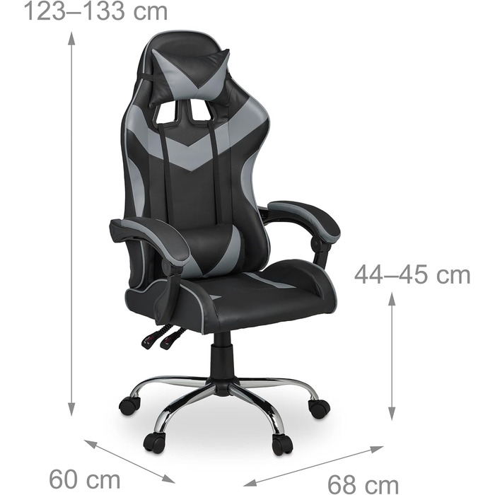Ігрове крісло Relaxdays, Racing Look, поворотне, регульоване по висоті, подушка для голови та попереку, ВхШхГ 133x68x60 см, (чорно-сірий)