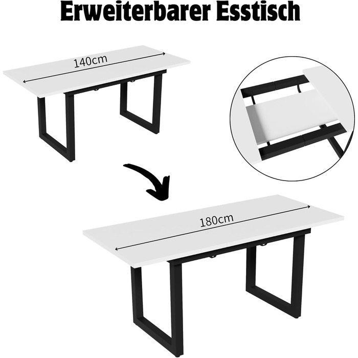Розсувний обідній стіл Merax, 140/180x80x75 см, білий, металеві ніжки
