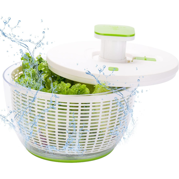 Салатниця-центрифуга Brieftons QuickPush: велика 6.3 кварт, для миття та сушіння овочів та фруктів, зручний одноручний механізм та гальмо, швидкі цикли обертання