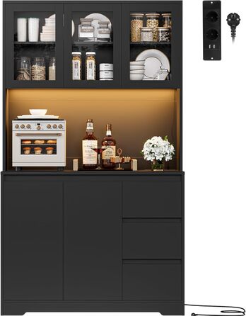 Чорний кухонний буфет з LED-підсвіткою, стільницею та 3 висувними ящиками, 180x100x38.5 см