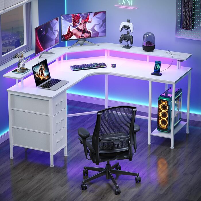 Ігровий кутовий стіл Seventable L-подібної форми з LED підсвіткою, розетками та 3 текстильними висувними ящиками, білий, 135x135x88 см