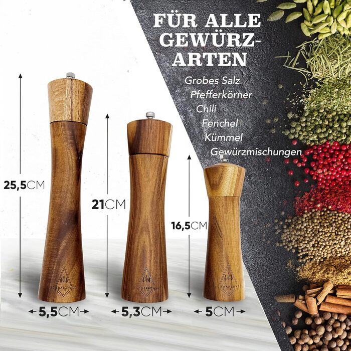 Набір з 2-х дерев'яних мельниць для солі та перцю (21 см) з керамічним механізмом - з пензликом для чищення та рецептами, кухонні аксесуари, подарунок