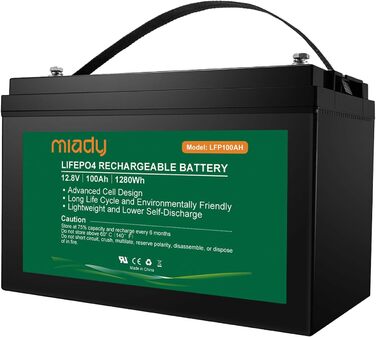 Акумулятор Miady 12V 100Ah LiFePO4 із захистом BMS, 3000 циклів, не потребує обслуговування для сонячної системи, автофургону, човна