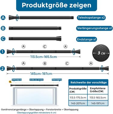 Штанга для штор без свердління AIZESI, 113-197 см, телескопічна, чорна (діаметр 22 мм)