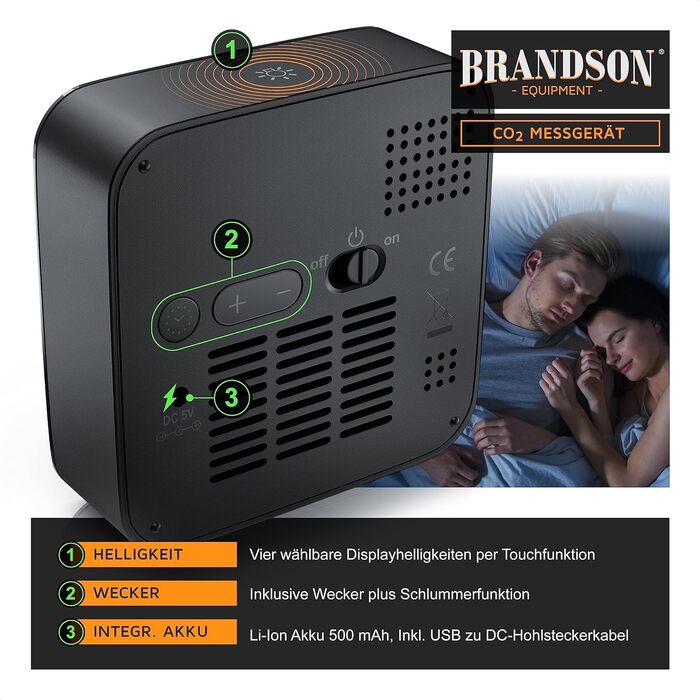 Датчик CO2 Brandson: вимірювач якості повітря, сенсор вуглекислого газу, термометр, гігрометр, індикатор CO2, рекомендації по вентиляції, будильник
