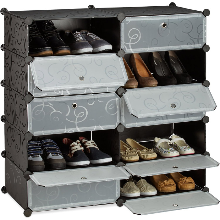 Шафа для взуття Relaxdays з 10 відділеннями, полиця для взуття велика, полиця без болтів пластикова, DIY, ВхШхГ, приблизно 90 x 94 x 37 см, (чорний)