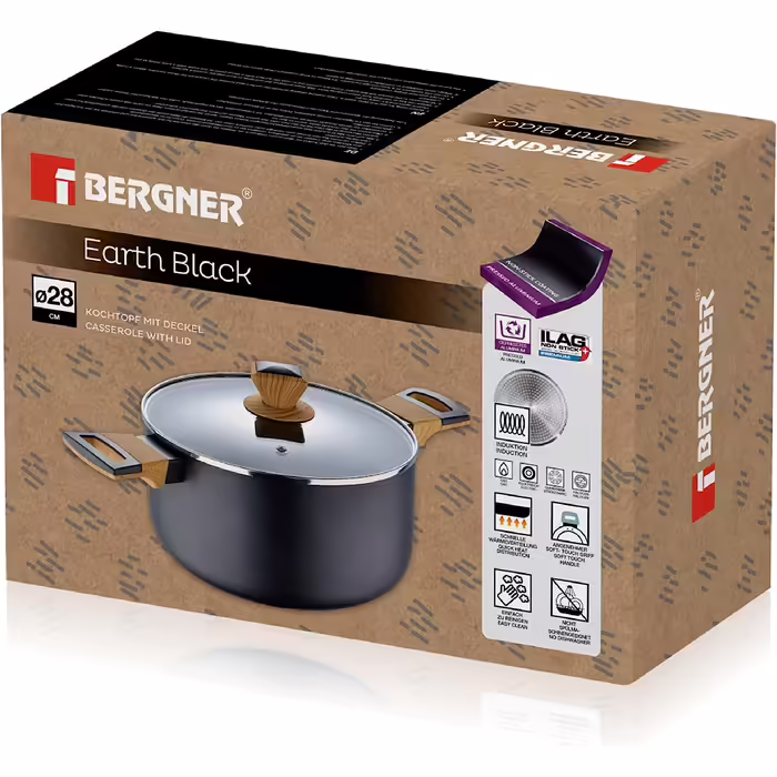 Каструля BERGNER Earth Black 28 см, алюмінієва, з антипригарним покриттям, ергономічні дерев'яні ручки, для індукції та всіх типів плит, чорна