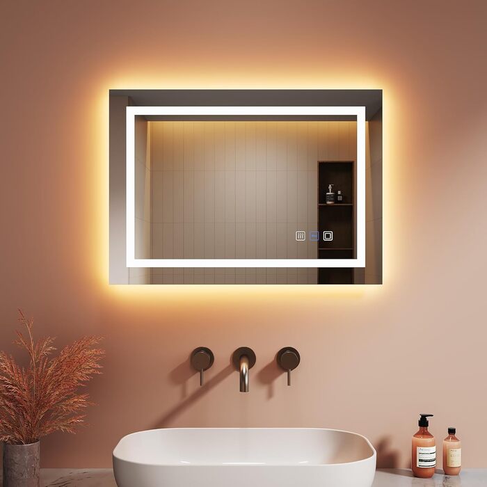 Дзеркало для ванної кімнати LOMIKEN з підсвічуванням, 60x50x3,5 см, LED, 6400K, 3 колірні температури, антивідблиск, вертикальна/горизонтальна установка