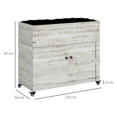 Підвищене грядка на колесах, з полицею, внутрішнім покриттям, ефект потертостей, 110x50x95 см, білий