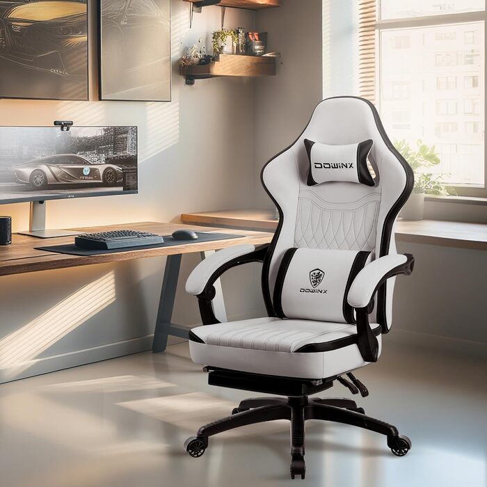 Ігровий крісло Dowinx з дихаючого PU-шкіри, з підніжкою, масажем, підтримкою попереку, велике та високе, ергономічне, з кишеньковим пружинним подушками, для дорослих та підлітків (Чорний та Золотий)